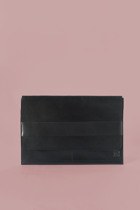 Black leather laptop sleeve from ethical fashion brand in austin texas