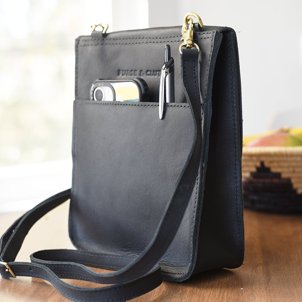 Outside Pocket Black Fold Over Leather Crossbody Purse