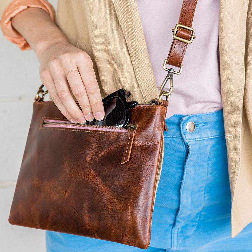 Chestnut Leather Purse with pink details