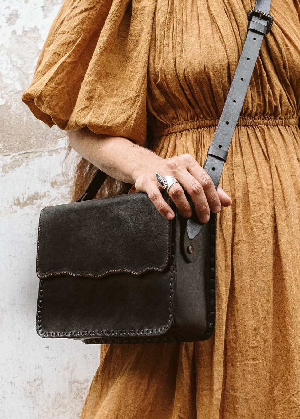 Beautiful Black Leather Fold Over Crossbody