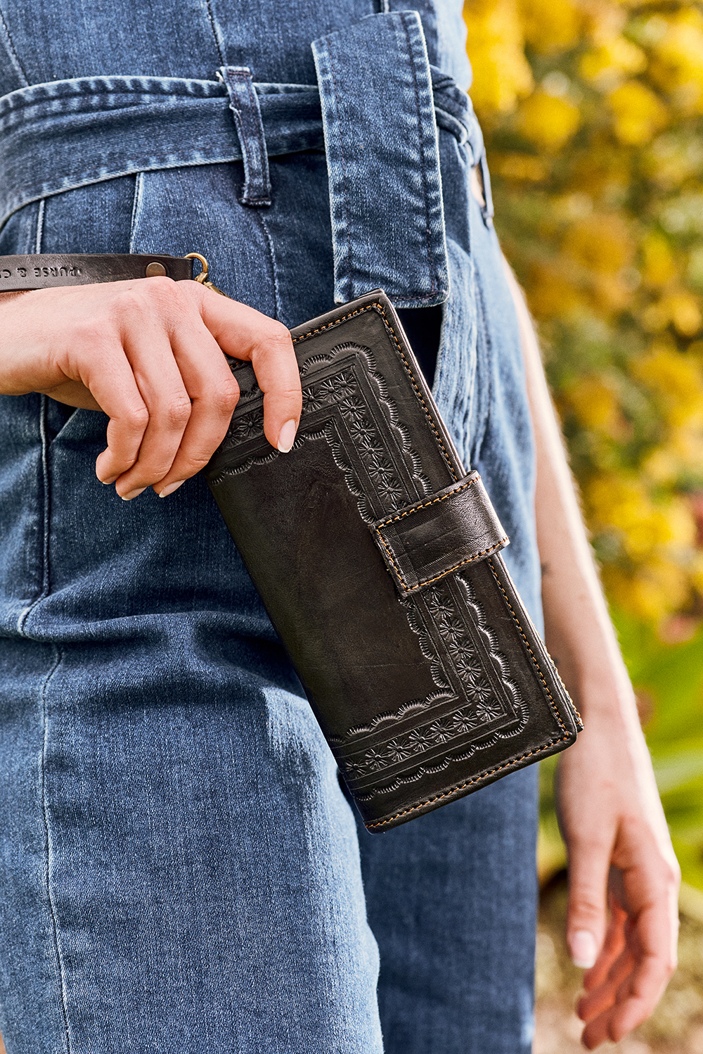 Hand tooled leather wallet wristlet from Mexico