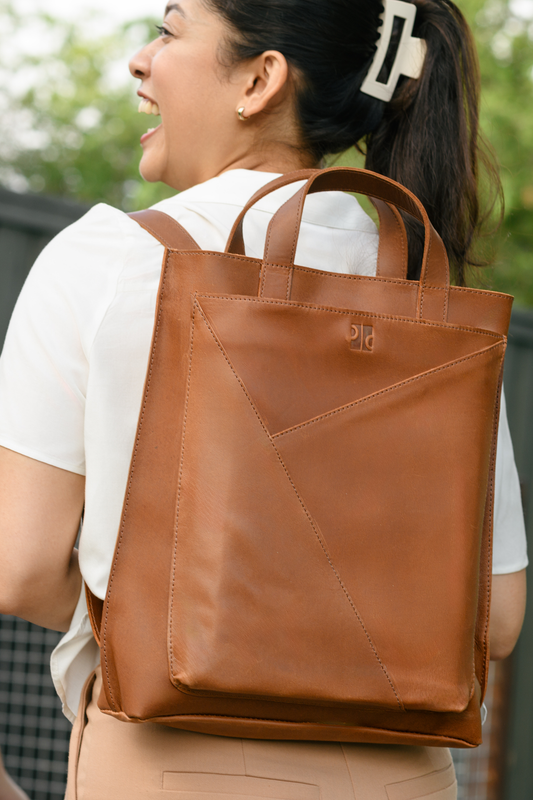 Brown Leather Backpack Tote with Outside Laptop Sleeve