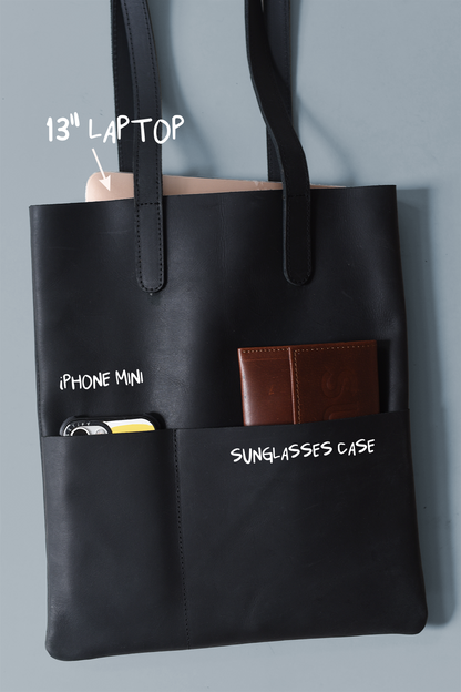 Small black Leather Tote for laptops with outside pockets