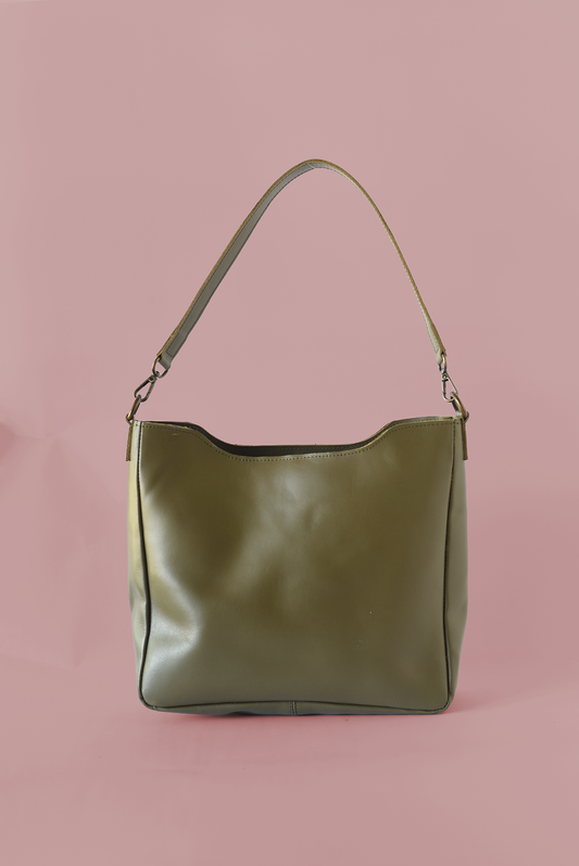 Olive Green Leather Shoulder Handbag with additional crossbody strap