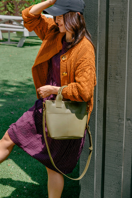 Ethically handmade Olive Leather Handbag with outside pockets