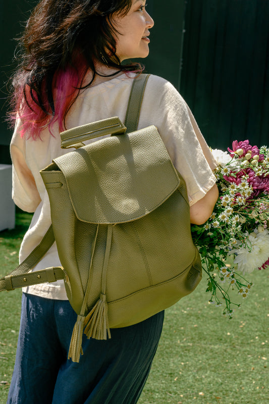 Handmade Ethiopian Olive Green Leather Tassel Backpack