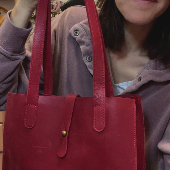 Handmade Red Leather Purse with detachable crossbody strap demonstration