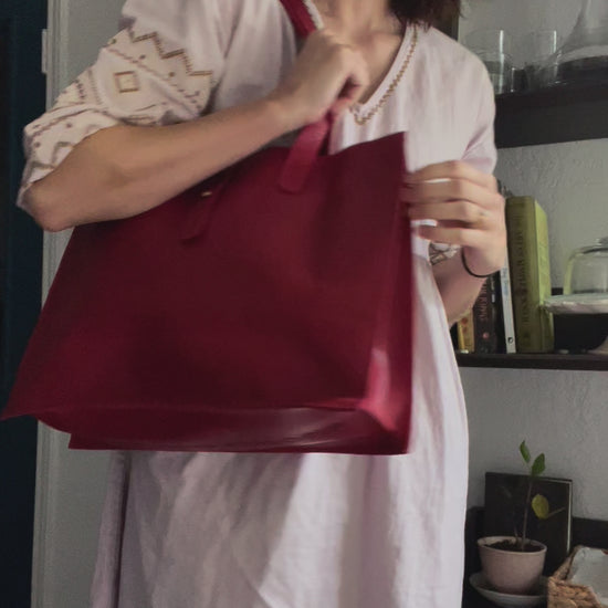 Ethically handmade red leather tote