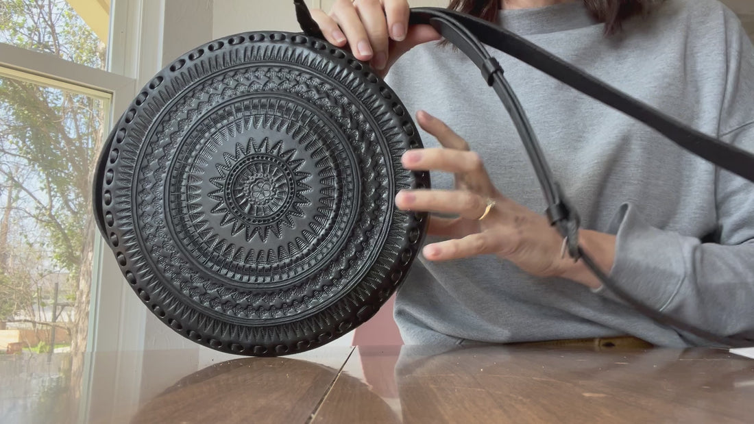 Embossed Leather Circle Crossbody Purse