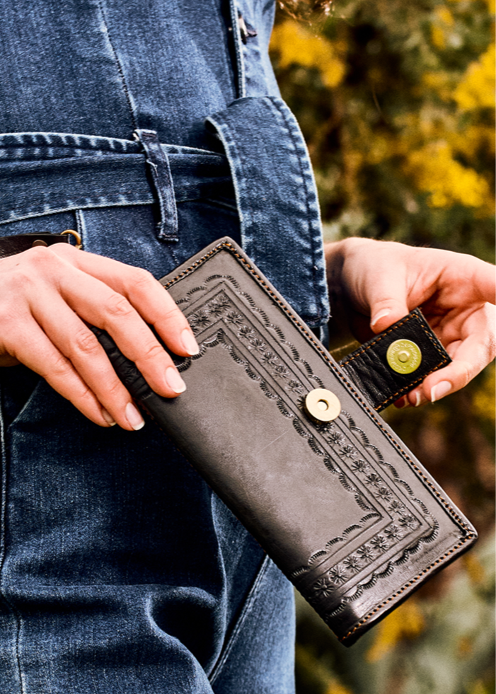 Embossed Leather Wallet with wristlet strap