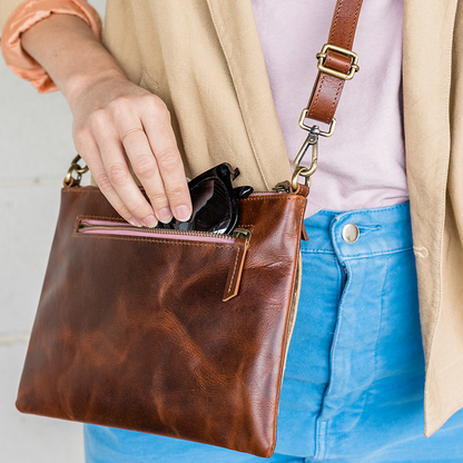 Chestnut Leather Purse with pink details