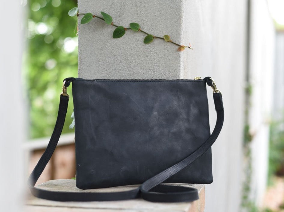 Ink Black Leather Crossbody Purse