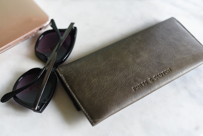 Handmade leather sunglasses case in forest green