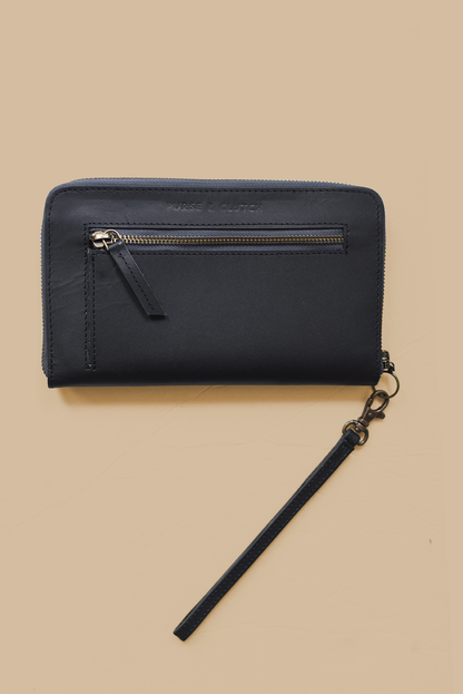 Matte Black Leather Wallet Wristlet with Zipper