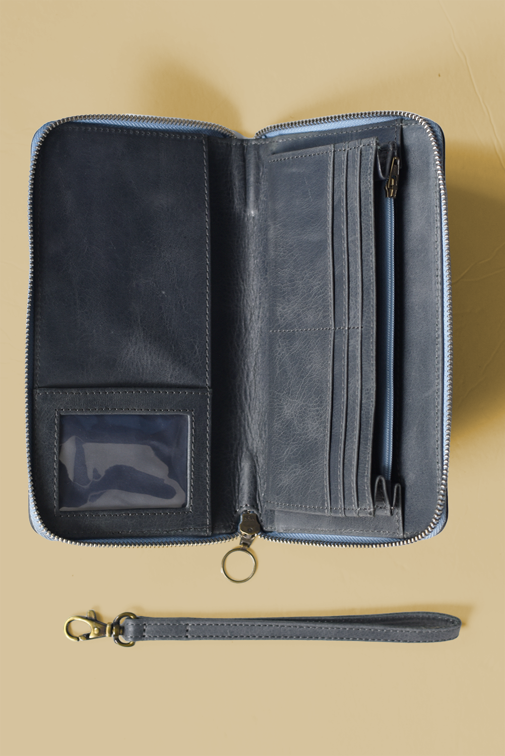Gray Blue Leather Wallet Wristlet